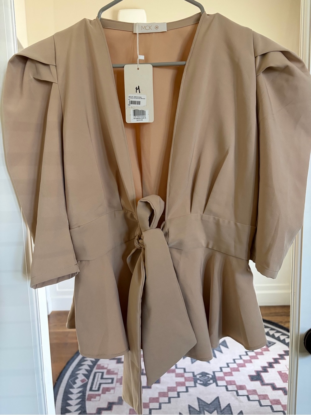 MCK Boutique Tie-Front Peplum Blazer in Taupe